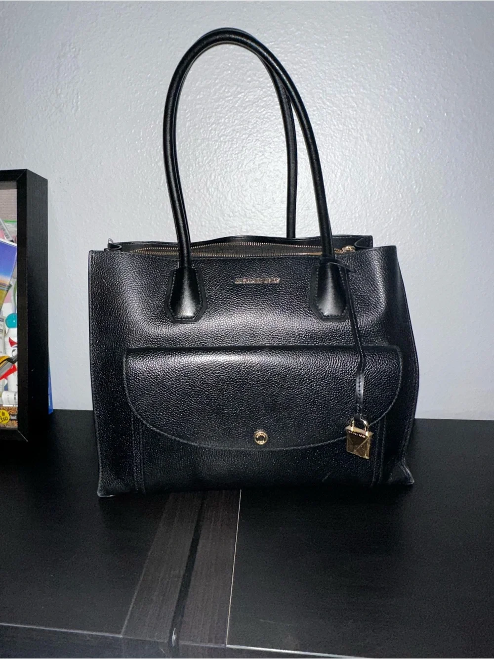 Michael Kors Black Pebbled Leather Tote with Front Pocket and Padlock